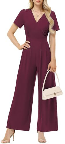 Tanmolo Damen Jumpsuit Elegant Sommer Kurzarm V-Ausschnitt Overall Weites Bein Romper Mit Taschen Weinrot, XXL