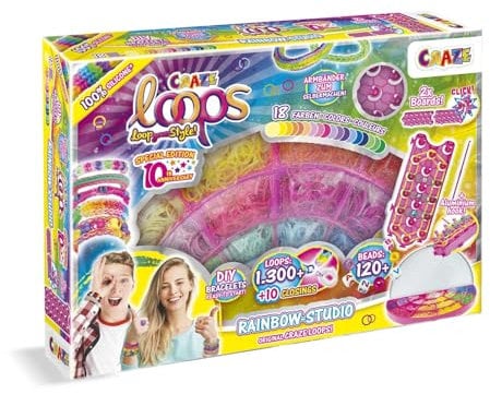 CRAZE loops Rainbow Studio - Set XXL de gomas elásticas con más de 1300 gomas y muchos accesorios - Set de manualidades para niños - haz tus propios collares, anillos y pulseras
