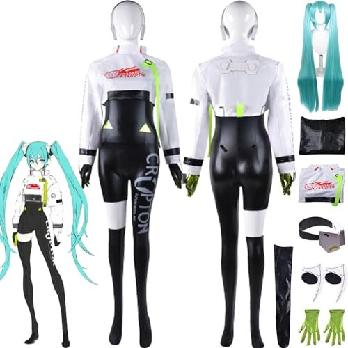 XLJLKJDS Anime Hatsune Miku Cosplay Kostüm Outfit Rollenspiel Uniform Overall Komplettset Halloween Karneval Dress Up Anzug Mit Perücke Kopfschmuck Kopfhörer