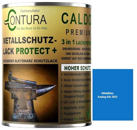Contura 3in1 Rostschutzfarbe Metallschutzlack Seidenmatt RAL Metall Lack Farbe Grundierung (RAL 5012 (Intern: Mittelblau), 1 Liter)