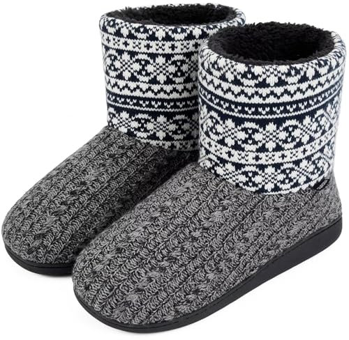 GURGER Tricoté Chausson Montant Homme Hiver Chaud Doublure des Fourrure Chaussons Bottes Pantoufles Fermé Maison Bottines Chaussons Gris Blanc Taille 42 43