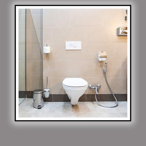 STARLEAD Badspiegel-mit-Beleuchtung 80x80 cm, LED-Spiegel-Bad-mit Bluetooth, Entfoggen, IP44 Badezimmer-Spiegel-mit-Licht 3 Farblichter, Dimmbar, Speicherfunktion, HD Hartglas, Schwarz
