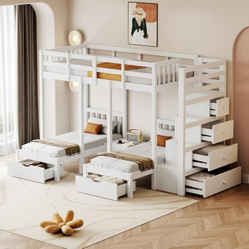 BXEYXE Cama infantil de madera maciza 90 x 200 cm, con cajones y escalera de seguridad, diseño de rejilla de seguridad, con mesita de noche, color blanco