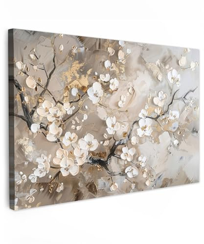 MuchoWow© Stampa Foto 90x60 cm Quadro Moderno Quadri Moderni Soggiorno Con Cornice Stampe Da Parete Camera Da Letto Matrimoniale Decorazione Canvas Fiori - Bianco - Oro - Beige - Lusso