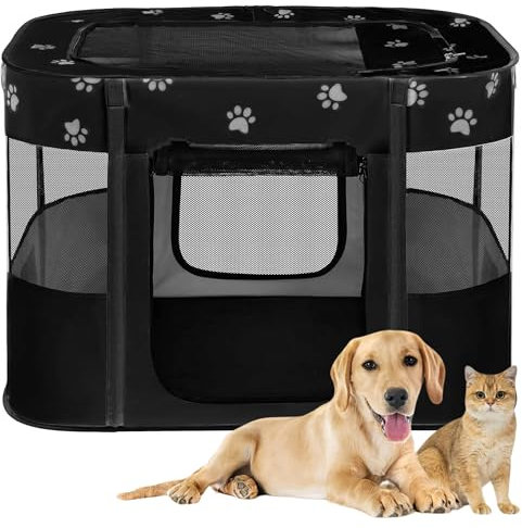 Floving Tragbares Hundehaus Haustierzaun 90x70x60cm Faltbarer Haustier Laufstall Rechteck Lieferraum Katzennest Katzenhöhle Welpenhaus Zwinger Geschlossenes Haustierzelt (Schwarz)