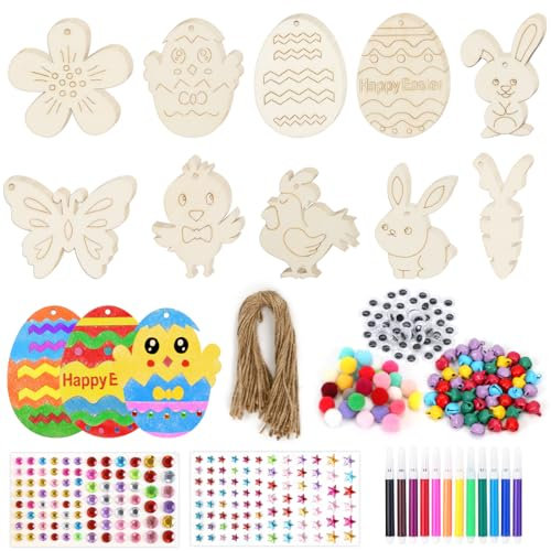 Epokus Bastelset Ostern Holz,264 Stück Osterbastelset,Holzanhänger Ostereier Bemalen Kinder,Osteranhänger Dekoaufhänger mit Bindfäden, Aquarellstiften, Augen, Aufklebern, Glocken, Pompons