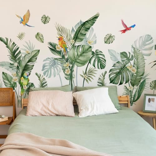 Stickers muraux feuilles tropicales plantes vertes oiseaux autocollants muraux salon chambre bureau décoration murale