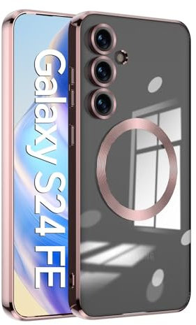 Jeelar ESONG Magnétique Coque Samsung Galaxy S25+ Plus,Etui Antichoc avec MagSafe[Recharge sans Fil],Silicone Mince Housse avec D'objectif D'appareil Photo,Case de Transparente-Or Rose