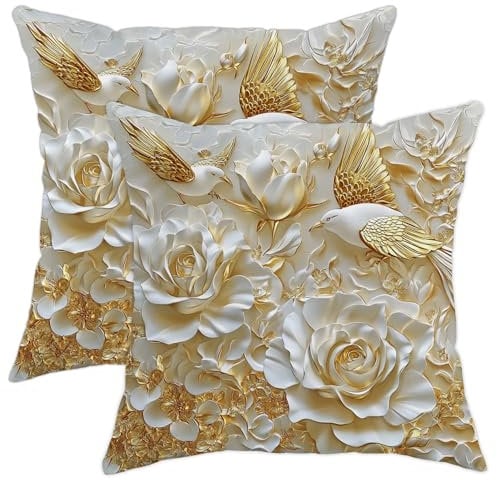 Elegant Gold Floral Pillow Covers Set of 2, White Rose Decorative Cushion Cases, Home Decorative Throw Pillows for Sofa Couch Bedroom Decor 16x16 Inch