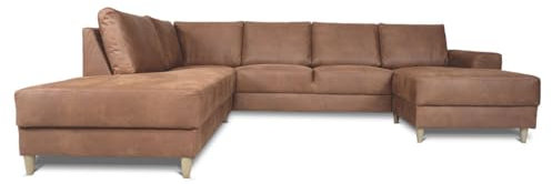 Nordic U sofa (Lederfaserstoff - links gewendet, Cognac) – H82xB288xT225 – Samt – Holz, Sperrholz; Faserplatte,Polyetherschaum – Farbe Cognac – Zierkissen – skandinavisch Design – für Wohnzimmer