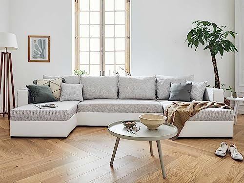 Bestmobilier Opale – Wohnlandschaft U-Form – 7-Sitzer – mit Schlaffunktion – mit Bettkasten – aus Stoff und Kunstleder Grau/Weiss