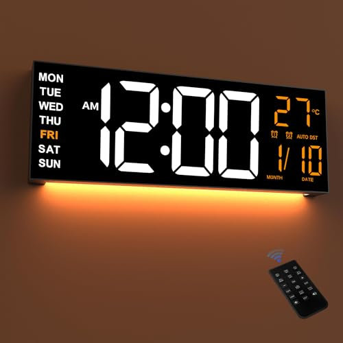 Mee 2ou 16,5 Große LED Digital Wanduhr mit Nachtlicht, Automatischer Dimmfunktion, 2 Weckern, 8 RGB-Farben, Temperaturanzeige, Fernbedienung, 12/24 Std., Timer für Wohnzimmer, Schlafzimmer, Büro