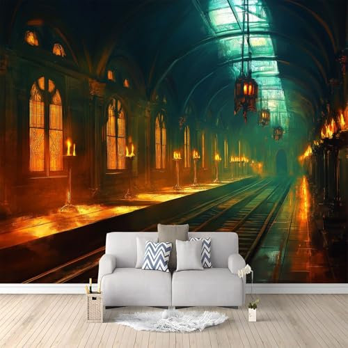 Kerzenlicht flackert am Bahnhof Fototapete 400 x 280 cm (B x H) XXL Wohnzimmer Schlafzimmer Wanddeko, Gotischer Stil Vlies Wandtapete Poster Deko,Korridor TV-Hintergrundwand 3D Effekt Tapete