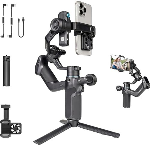 FeiyuTech SCORP Mini 3 stabilizzatore cardanico per iPhone e Android, modulo di tracciamento AI integrato e ventola di raffreddamento, carico utile 2 kg a 3 assi cardanico per telefono con design