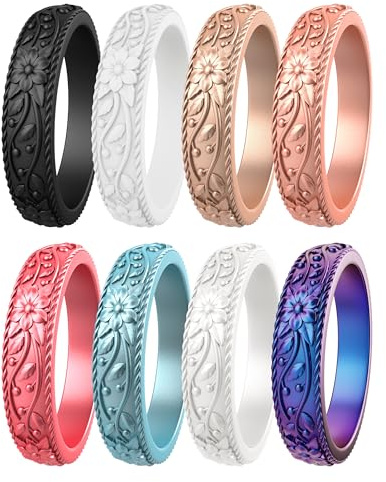 ThunderFit Silicone Rings for Women, Rubber Engagement Wedding Bands Vine Design 5.5mm Wide 2mm Thick - Variety Multipack 4-12, 7 - 7.5 (17.80mm), Silicone, No Gemstone