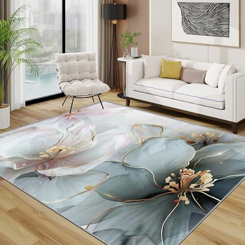 Generisch Blumen Teppich, Modern Luxus Blüten Teppiche rutschfest Waschbar Weich, Stylisch Floral Wohnzimmerteppich Schlafzimmer Jugendzimmer, 120x180 cm, Rosa Hellblau Golden