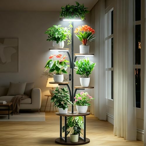 Pflanzenständer mit LED Licht 7 Ebenen, Pflanzenregal Indoor 143cm Holz | 3-Kopf Vollspektrum LED Pflanzenlampe mit Timer, Kippschutz Wandsicherung, 10kg Tragkraft pro Ebene, Ecken Pflanzentreppe