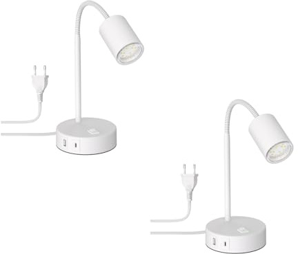 ledscom.de 2x Tischleuchte WAIKA, weiß, USB-A, USB-C, inkl. GU10 LED Lampe (warmweiß, 2,4W, 227lm)