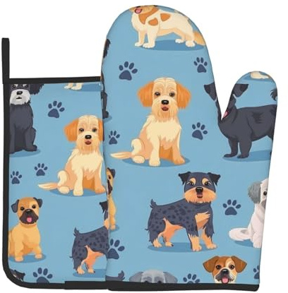 Cartoon Dog Breed Oven Mitts and Pot Holders Set Paw Print Heat Resistant Baking Gloves Non-Slip Hot Pads for Kitchen Cooking BBQ Grilling