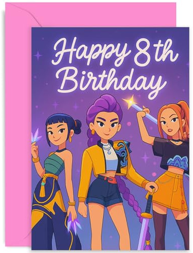 K-Pop inspirierte Geburtstagskarte zum 8. Geburtstag für Mädchen, Tochter, Nichte, Schwester, Freund, Bestie – 8 Today – Geschenk für acht Jahre