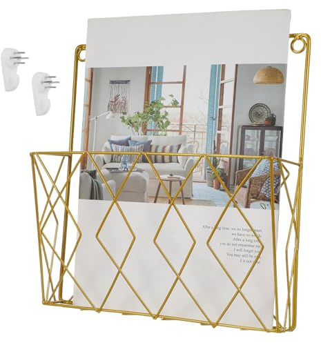 DIYEAH Wall Mounted Magazine Rack Magazine Rack 26.00X25.00X7.00cm | Metal Construction, Golden Finish, Open Design, Space Saving for Home Office Classroom