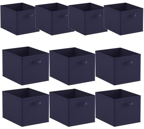BonChoice Foldable Storage Cubes Boxes Pack of 10 with Handle for Home Organization, Fabric Wardrobe Storage Box Organizer Basket Bins for Clothes Toys Towels, Collapsible&Durable Dark Blue 33x38x33cm