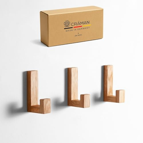 Craman Ein Haken – Selbstklebender Wandhaken aus Eiche, quadratisch; ohne Bohren, Abziehen & Ankleben; Handtuch-/Kleiderhaken für Bad, Küche, Flur | HSA5 (3er SET size M)