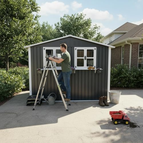 Abri de jardin en métal galvanisé 4,33 m² - 276 x 182 x 198 cm, toit en selle, 2 fenêtres doubles avec étagère à fleurs, double porte verrouillable, résistant aux intempéries, gris