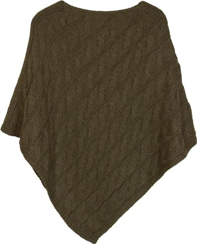 styleBREAKER Strick Poncho mit Zopfmuster, Rundhals Strickponcho, Grobstrick, Damen 08010040, Farbe:Oliv