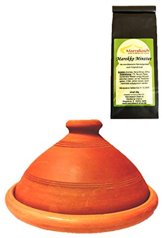 Tajín marroquí, incluye té, sin esmaltar, libre de sustancias nocivas, original de Marruecos, olla de barro para cocinar, Tuareg Ø 26 cm, para 1-3 personas, hecho a mano en Marrakech