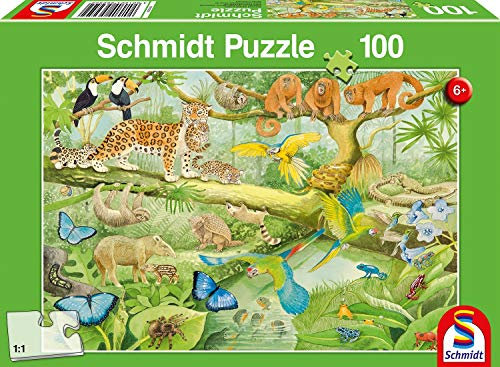 Schmidt Spiele SCH56250 Tiere im Regenwald, Kinderpuzzle, 100 Teile, grün