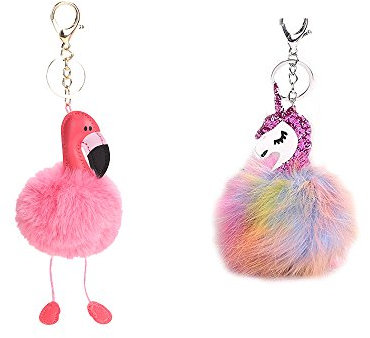 WayOuter 2 Pack Flamant et Licorne Trousseau Pom Pom Porte-clés pour Sac à Main, Bourse, Sac à Dos, Téléphone Portable, Porte-clés de Voiture Décoration Accessoire (Or et Argent)
