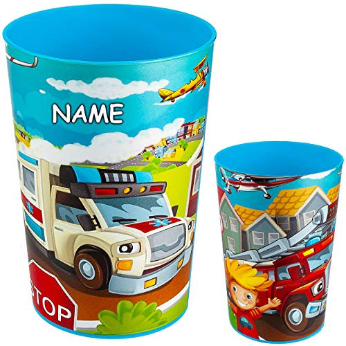 3 in 1 - Trinkbecher/Zahnputzbecher/Malbecher - Becher - Auto - Fahrzeuge & Feuerwehr - inkl. Name - 300 ml - BPA frei - Trinkglas - Kunststoff Plastik - ..