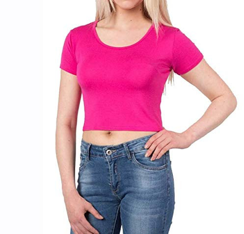 Womens Cap Sleeve Crop Top Ladies Round Neck Stretch Plain Vest T Shirt (Fuchsia, UK 12-14 M/L)