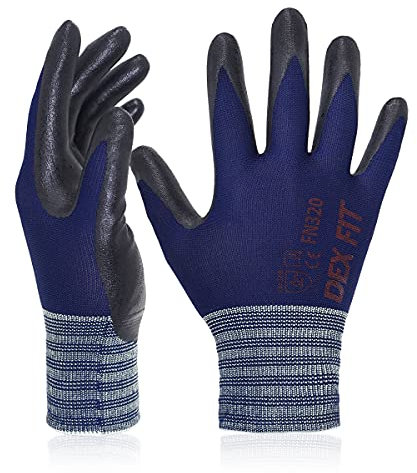 DEX FIT Premium Nylon Nitrile Work Gloves FN320, 3D-Comfort Stretchy Fit, Firm Grip, Thin & Lightweight, Durable, Breathable & Cool, Machine Washable; Navy 7 (S) 1 Pair