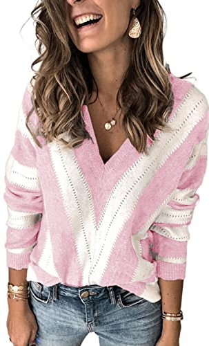 Ancapelion Women's Colour Block Pink Striped Jumper Long Sleeve Chunky Sweater V Neck Hollow Out Knit Pullover Tops Knitwear for Ladies M