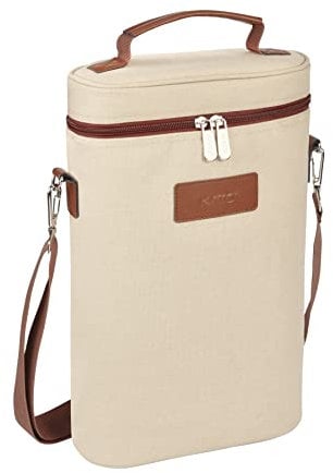 Kato Tirrinia 2 Bottles Wine Cooler Bag Insulated Bottle Bag, Wine Carrier Wine Gift Bag Portable with Strap Leakproof Padded for Picnic Party Camping Wine Gifts, Beige
