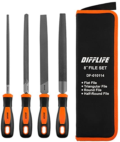 DIFFLIFE 8'' File Handles Needle File Set (Carbon Steel 4 Piece-Set) , Hardened Alloy Strength Steel - Set Includes Flat,Triangular, Round, and Half-Round File (4-Piece)