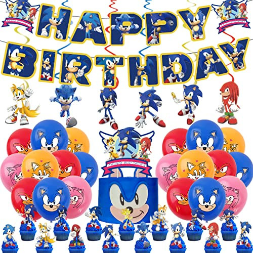 Senidea Sonic Birthday Party Decorations Supplies: Banner, Balloons, Hanging Swirls, Cake & Cupcake Toppers, Cake Decorations for Kids