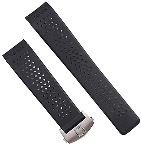 AEMALL Klassisches 22 24 mm Gummi Uhrenarmband für Tag Heuer Carrera Herren Silikon Handgelenkband Deplyment Clasp Logo On (Farbe: mit Silberverschluss, Größe: 24 mm)