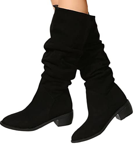 Onsoyours Stivali in Pelle Scamosciati da Donna con Tacco Grosso in Camoscio Stivali a Punta Stivali da Cavaliere Plissettati con Zeppa Autunno e Inverno A Nero 38 EU