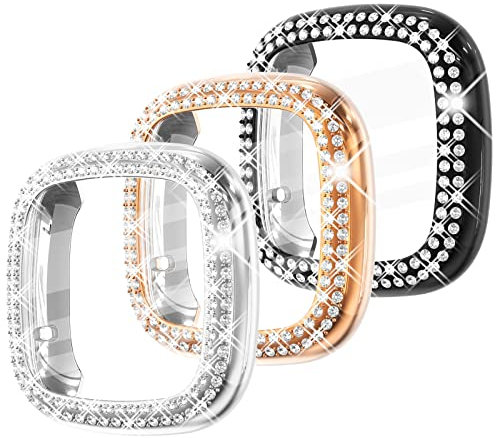 Fullife 3-Pack TPU Bumper für Fitbit Versa 3 Displayschutzfolie, Crystal Diamond Bling Case HD Vollständige Schutzhülle für Männer Frauen, Fitbit Versa 3/Fitbit Sense Smartwatch,