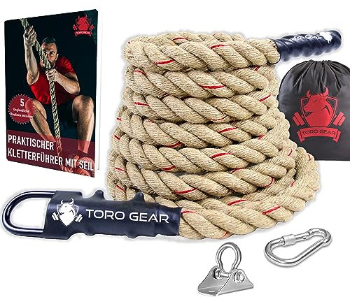 Toro Gear | 38 Millimeter Juteseil zum Klettern, 3-6 Meter | Kletterseil mit Karabinerhaken und Aufhänger für Crossfit, Fitness, Fitnessstudios und Feuerwehrtraining (38 mm X 6 m)