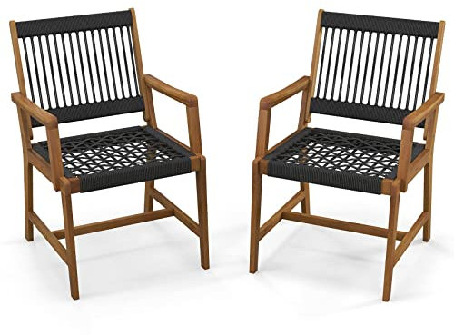 COSTWAY Chaises de Jardin Extérieur Lot de 2 en Bois d’Acacia, Chaise de Salle à Manger en Corde avec Accoudoirs, Fauteuil Jardin Extérieur Intérieur pour Terrasse Patio Cour Cuisine, Charge 160 KG