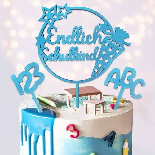 Endlich Schulkind Tortendeko Holz, Blau Tortendeko Einschulung Schulkind 2024 Cake Topper, Kuchendeko Schulanfang Schulkind Einschulung Deko für Junge