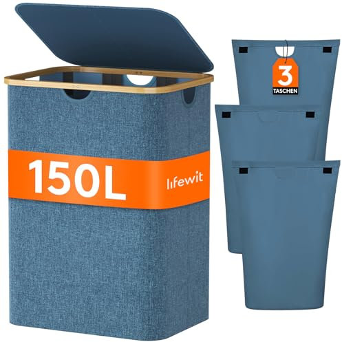 Lifewit 150L Laundry Basket with Lid 3 Section, Large Laundry Hamper with Bamboo Handles and Removable Laundry Bags, Clothes Hampers for Laundry for Bedroom, Bathroom, Dorm, Laundry Room, Dark Blue
