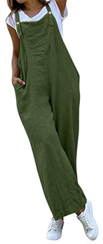 IQYU Salopette da lavoro da donna, in tessuto, estivi, lunghi, in lino, con bottoni, taglie forti, pantaloni da jogging oversize, verde, XXL