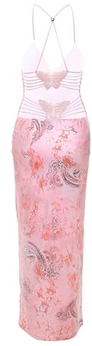 Owegvia Abito da sera lungo da donna, estivo, senza maniche, schiena scoperta, scollo a V, decorato con farfalla, abito da cocktail party, rosa, S