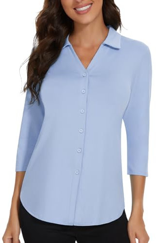 Soneven Blusa elegante para mujer, cuello de pico, camiseta deportiva con cuello, polo de manga larga, polo de golf, verano, camiseta transpirable, azul, L
