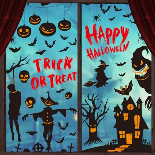 Zindoo Halloween Decoracion para Ventana 9 Hojas 87 PCS Pegatinas de Ventana de Halloween, Estampadas por Ambas Caras Pegatinas Electrostáticas para Ventanas Puertas Espejos Neveras
